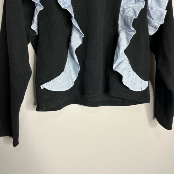 Zara Black Poplin Sweater with Contrasting Micro Stripe Ruffles size M - Picture 2 of 7